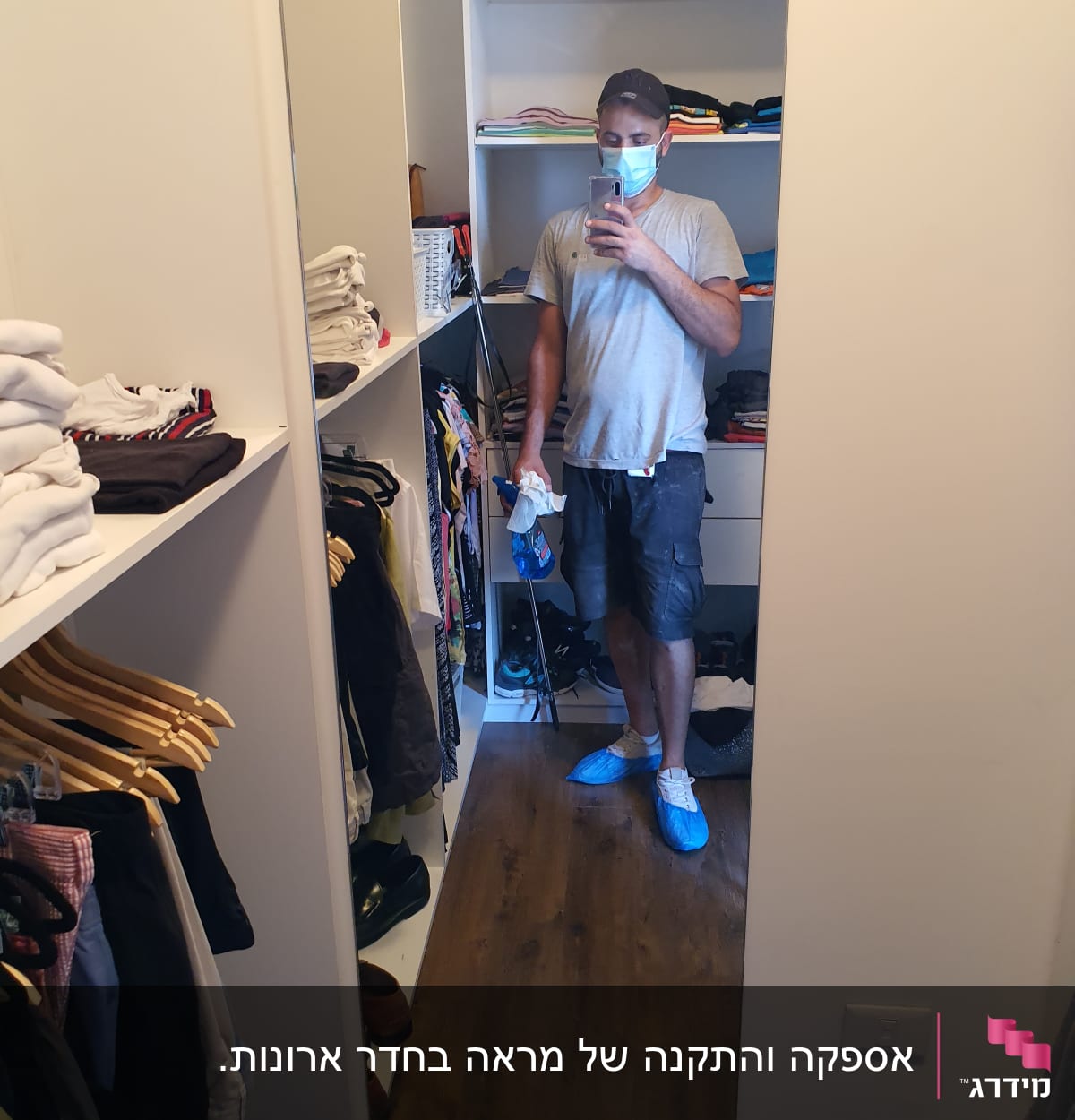אדם מצלם את עצמו במראה בחדר ארונות
